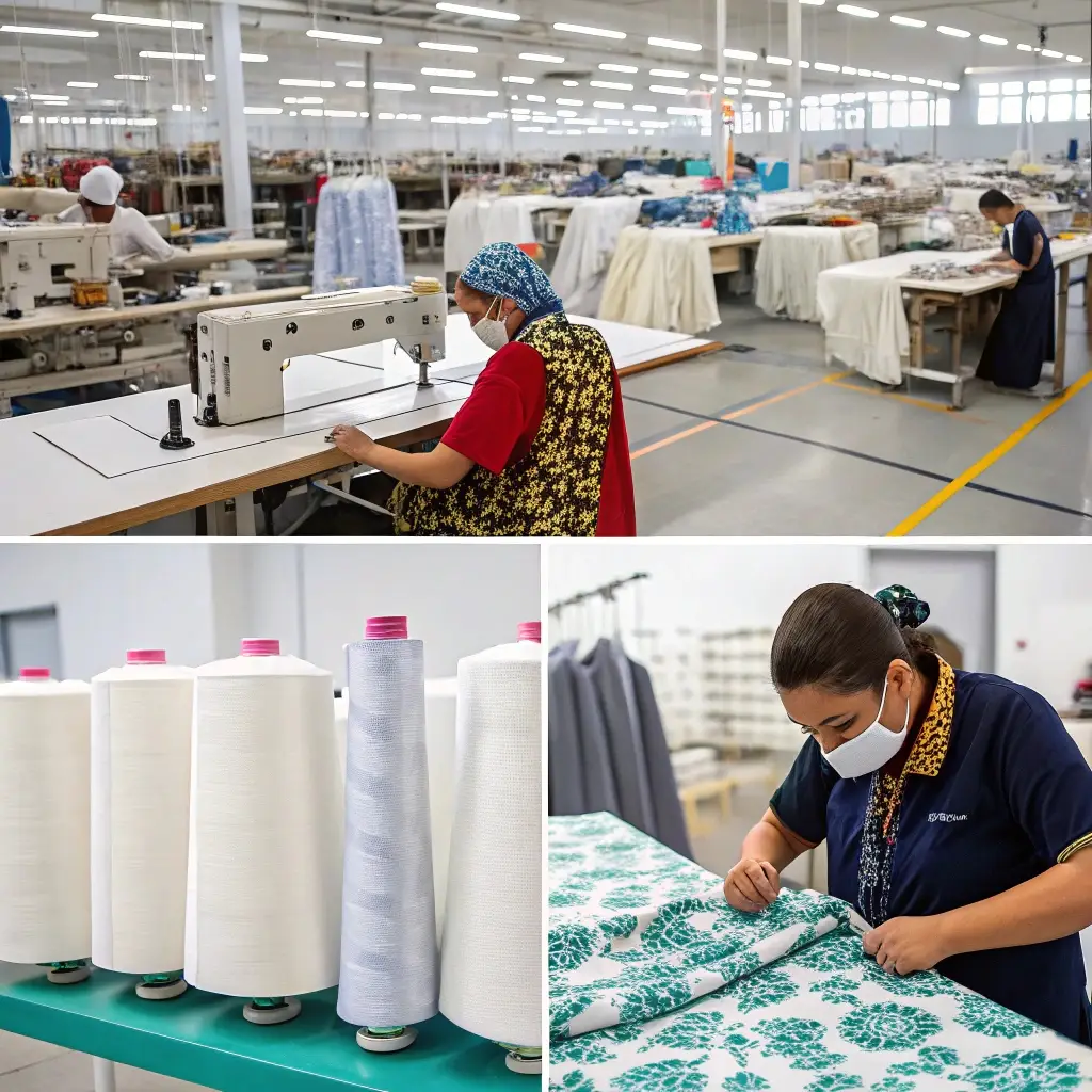 Clothing production, workers sewing garments, close-up of fabric rolls and pattern cutting in a factory setting