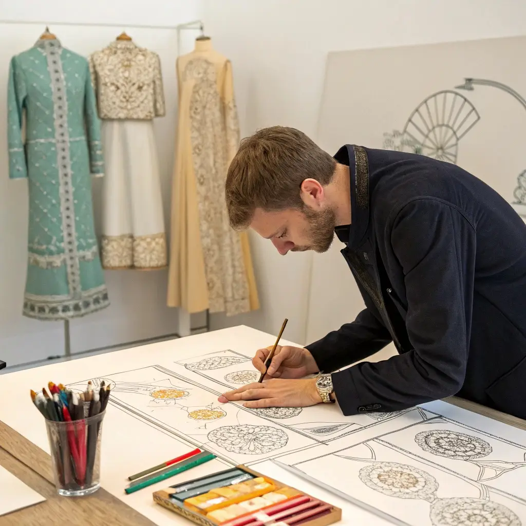 Clothing designer sketching detailed garment designs with fabric samples in the background
