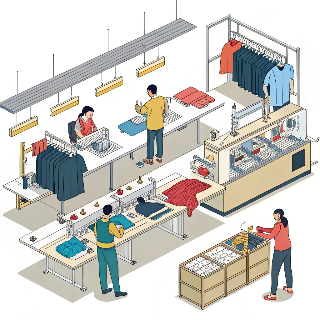 Clothing manufacturing process with workers assembling garments on a production line