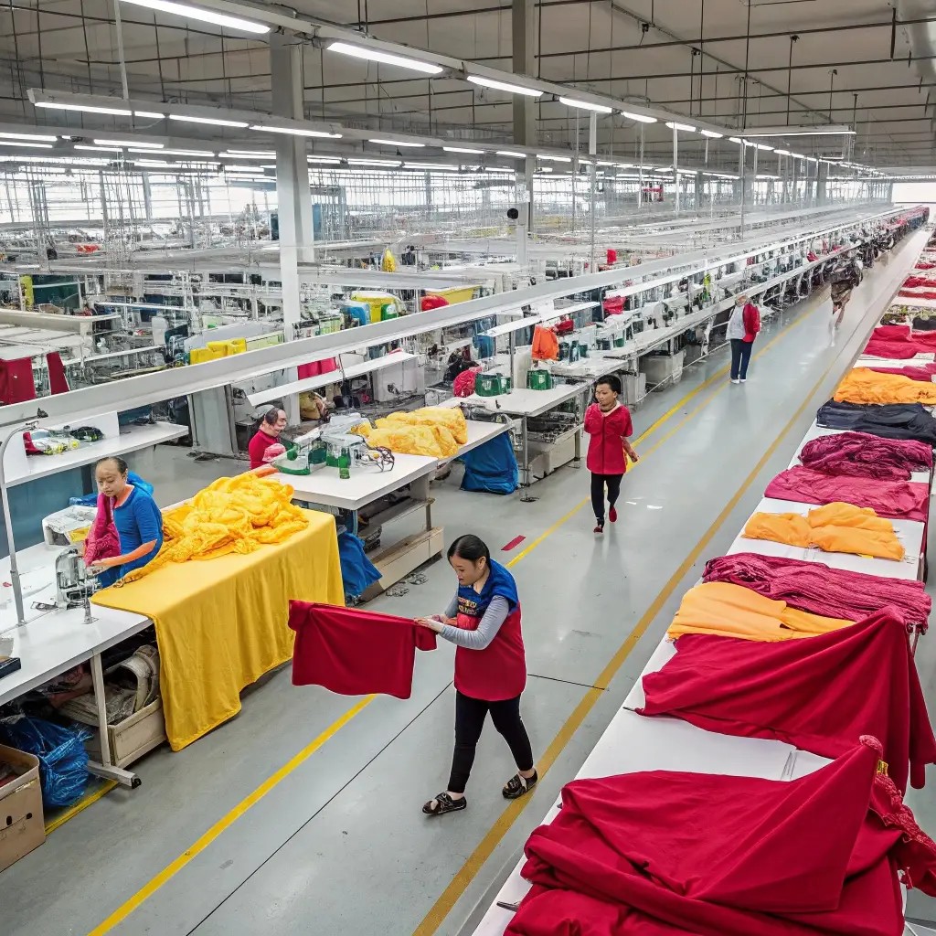 Clothing factory workers in China assembling garments on a production line