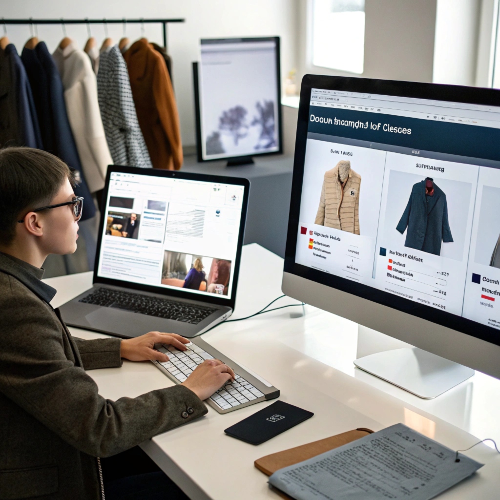 Designer reviewing clothing catalog, modern apparel marketing workspace