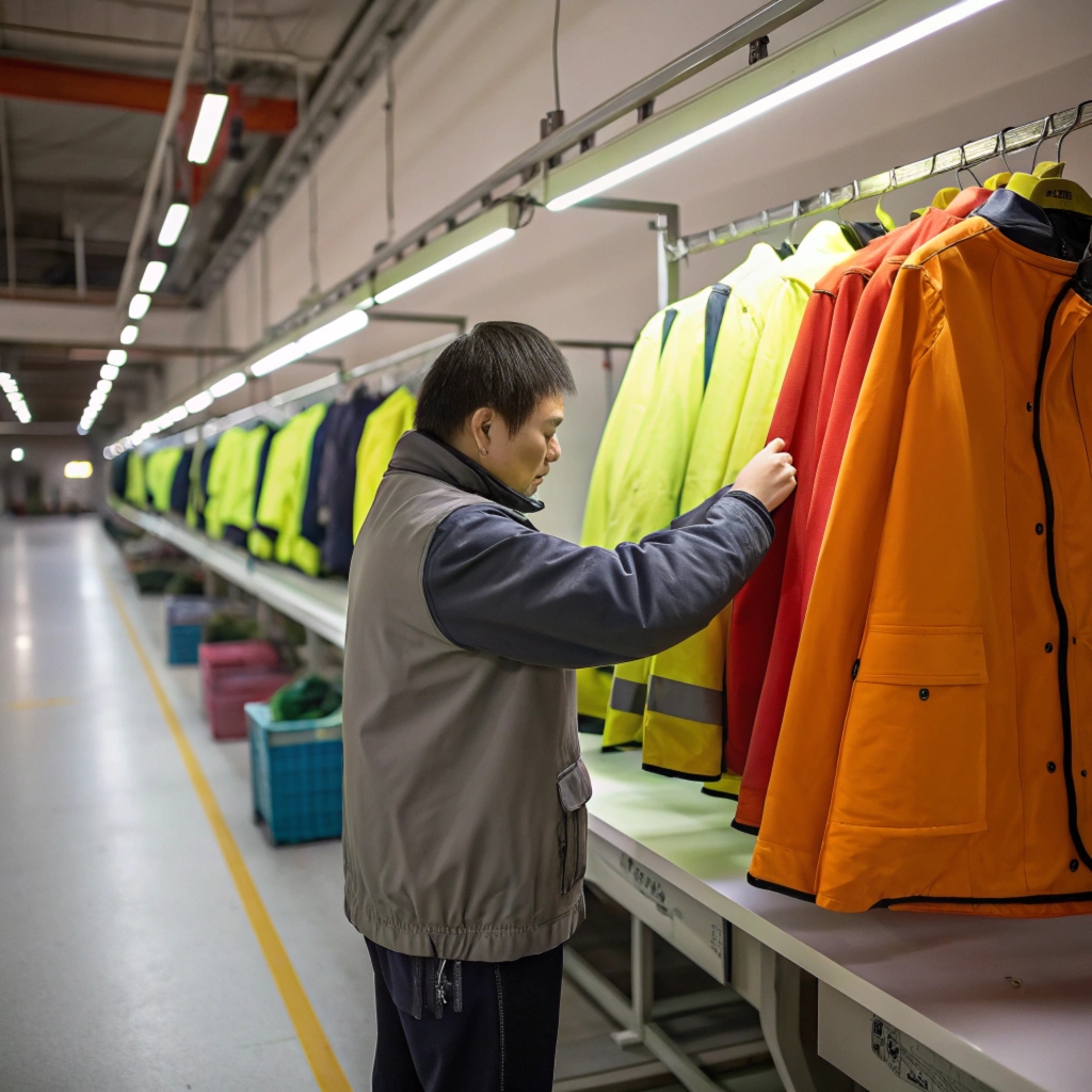 Worker inspecting safety jackets, high-visibility clothing production