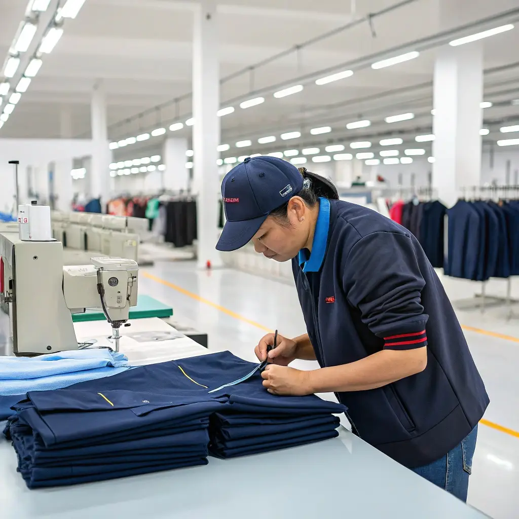 Clothing manufacturer worker inspecting finished garments in a factory, focusing on quality control.