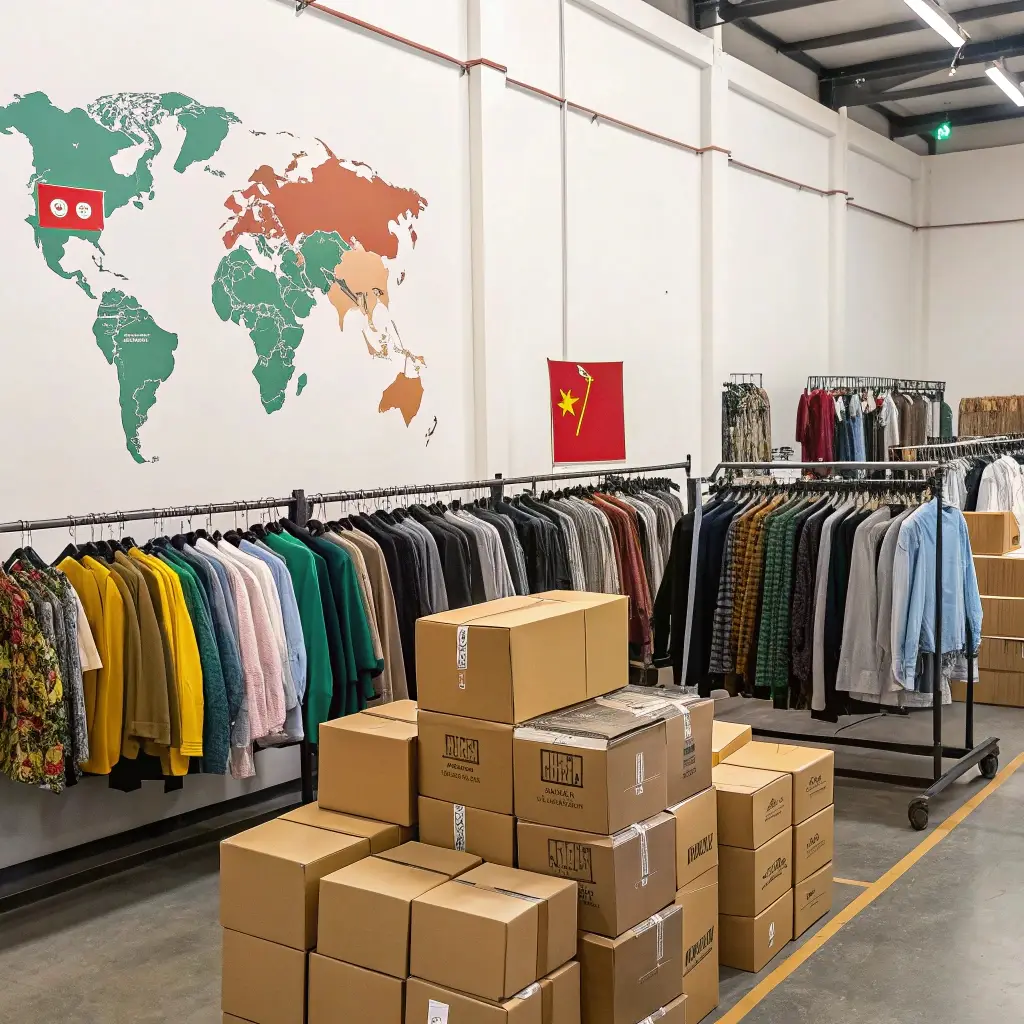 Clothing store with racks of clothes and shipping boxes, map highlighting global sourcing countries.