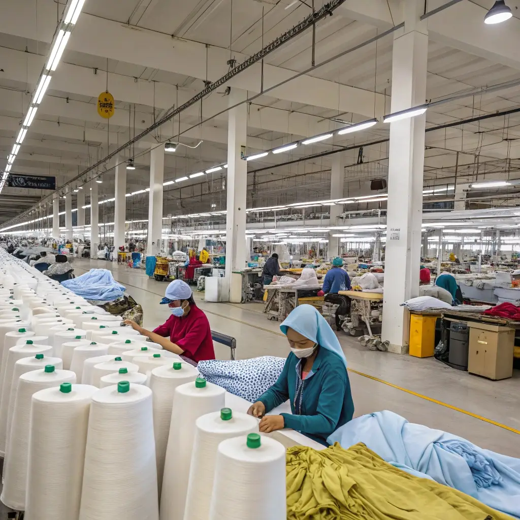 Textile factory workers assembling garments with fabric rolls on the production floor.