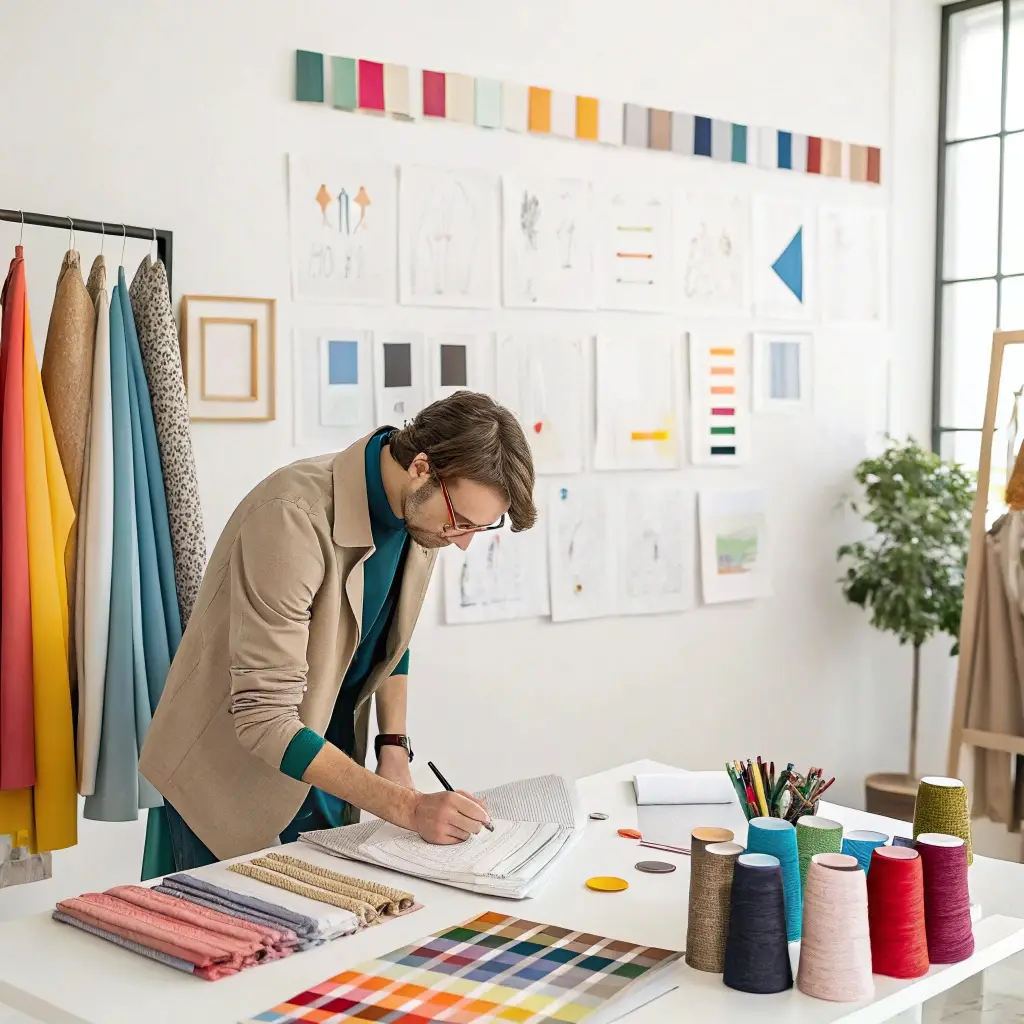 Fashion designer sketching custom clothing designs with fabric samples and color swatches in a creative studio.