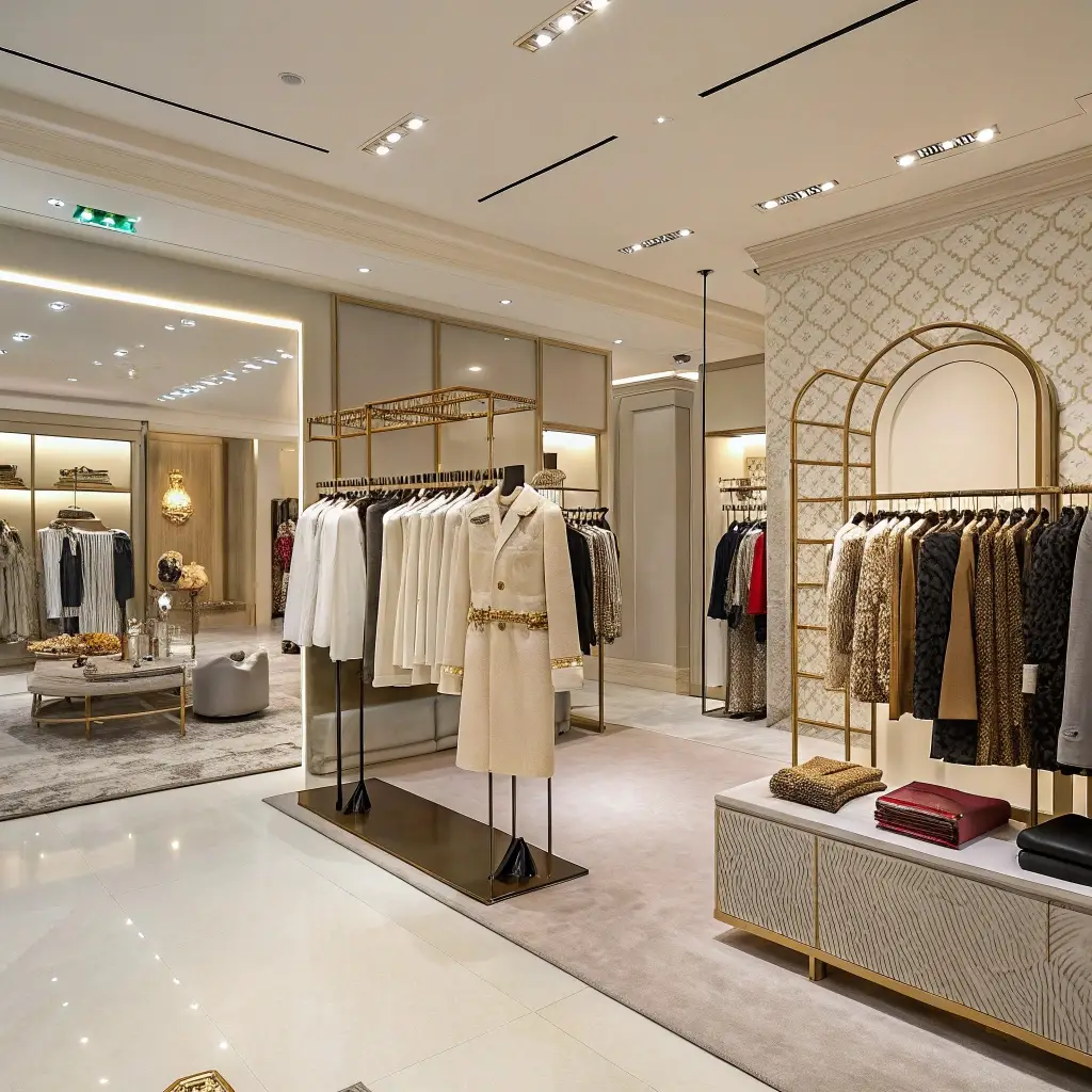 Luxury clothing boutique with high-end garments displayed