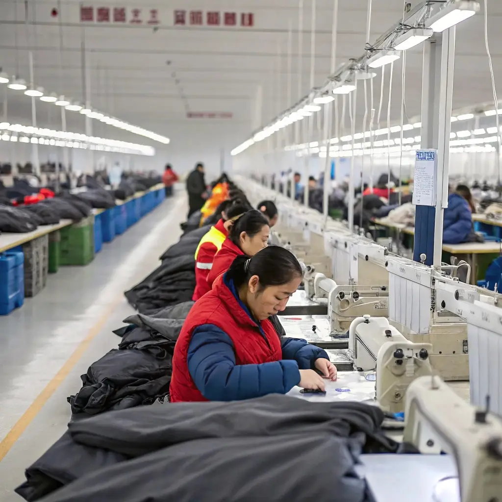 Workers in a clothing factory assembling garments efficiently