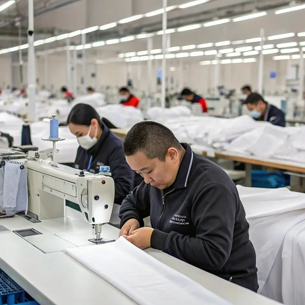 Workers carefully sewing garments in a spacious factory