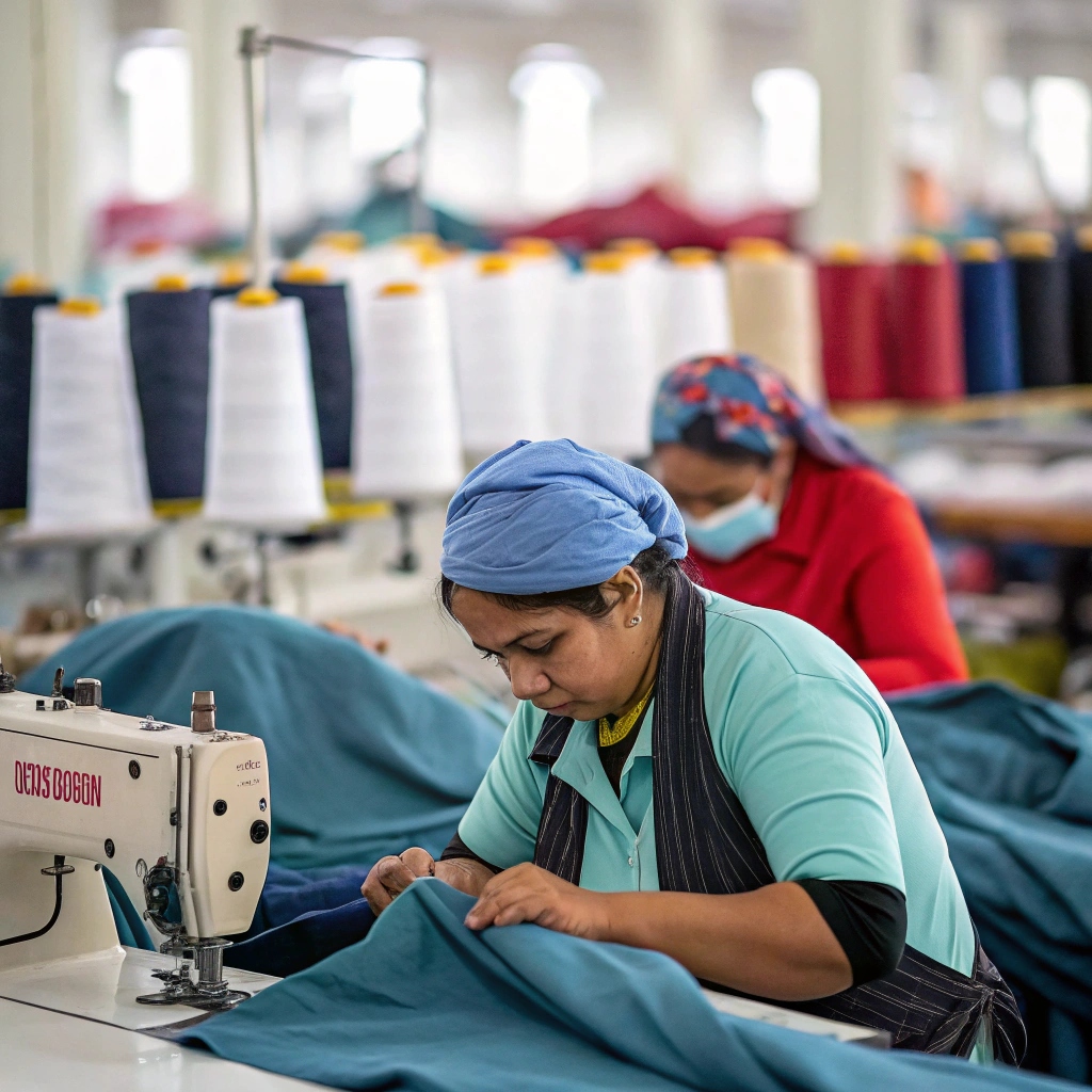 Clothing manufacturer workers sewing garments in a textile factory, surrounded by spools of thread