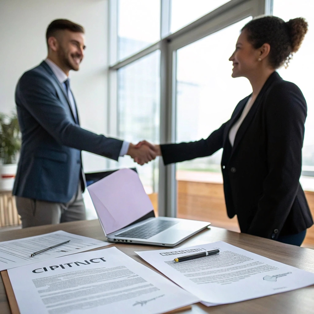 Business professionals shaking hands in an office, with partnership contracts visible on the desk.