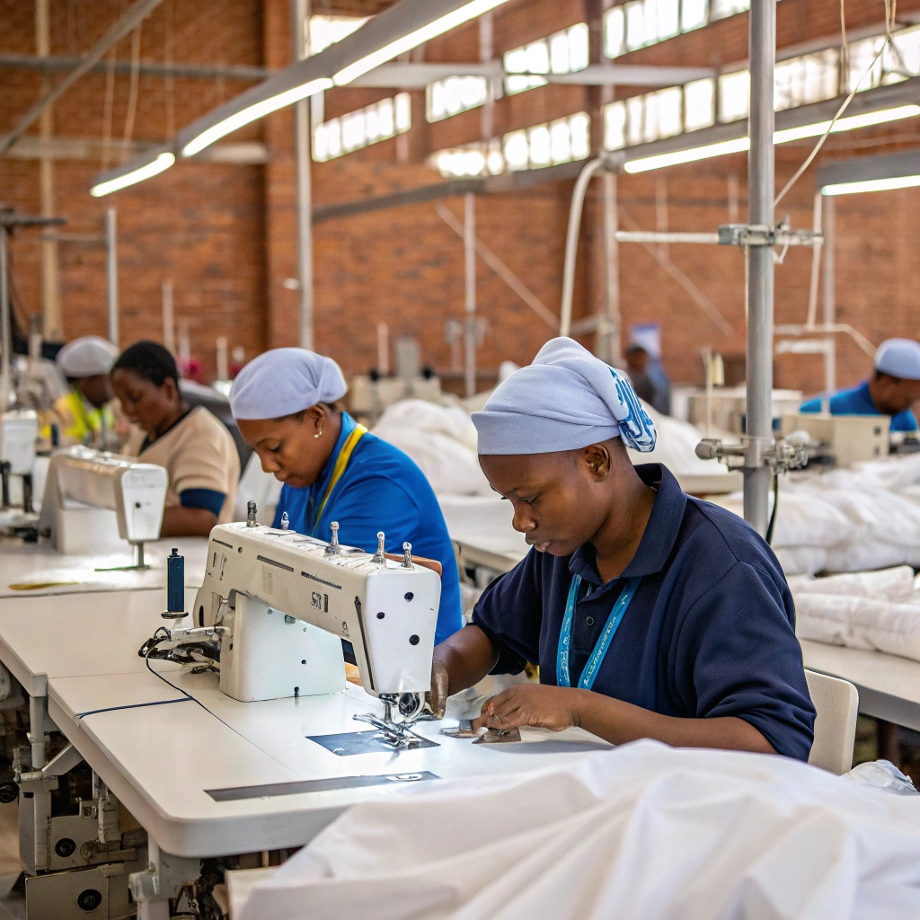 Workers sewing garments in a textile factory, showcasing affordable labor in a developing country.