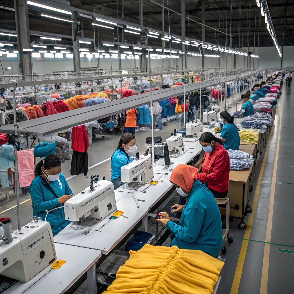 Garment factory with workers producing trendy clothing efficiently on a well-organized production line.