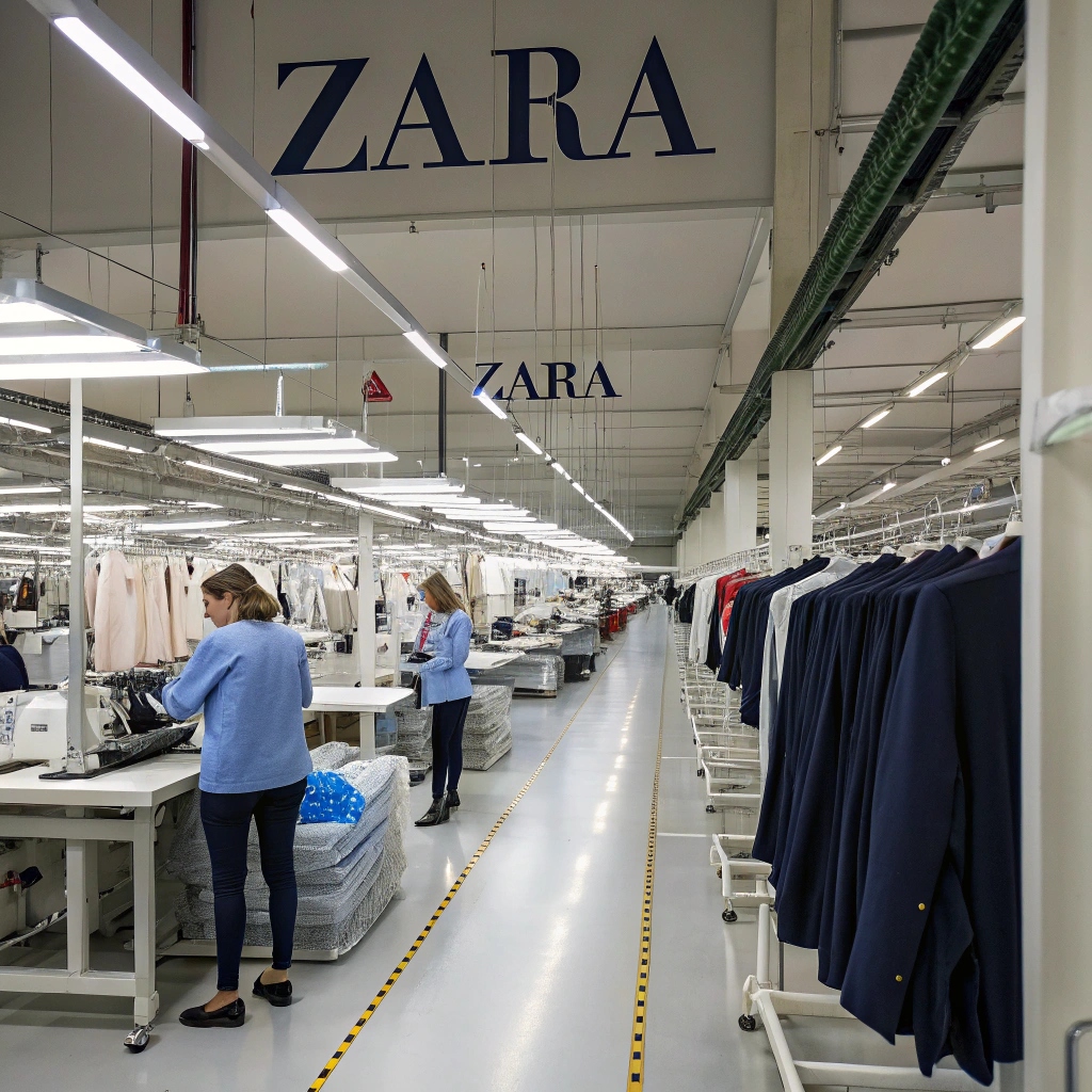 Garment factory in Spain producing Zara clothing efficiently with a well-organized production line.