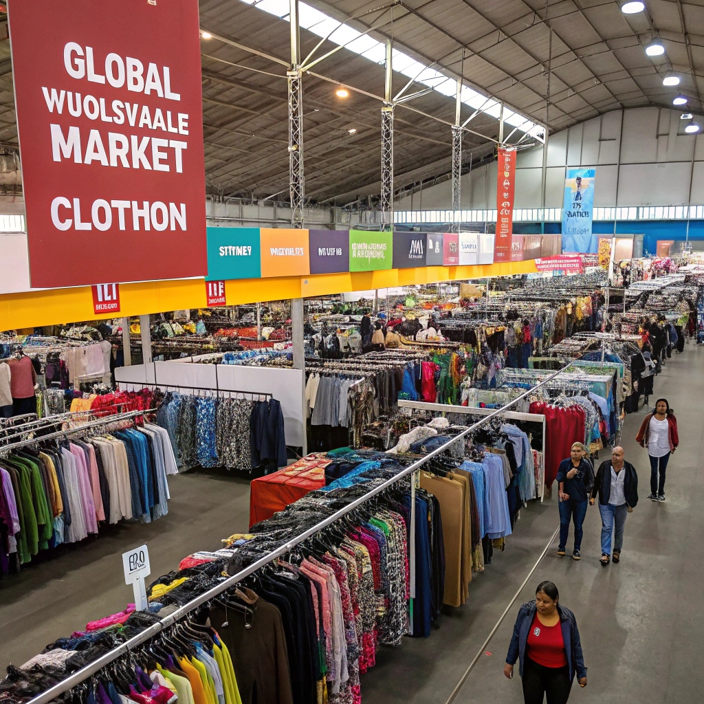 A large wholesale clothing market with diverse racks of garments, showcasing a variety of styles for bulk purchasing.