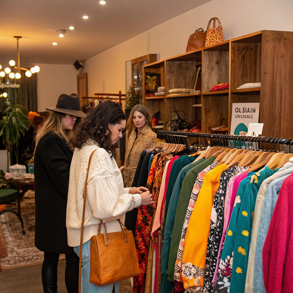 Boutique owners shopping for unique, curated clothing pieces for their store from a selection of trendy garments.