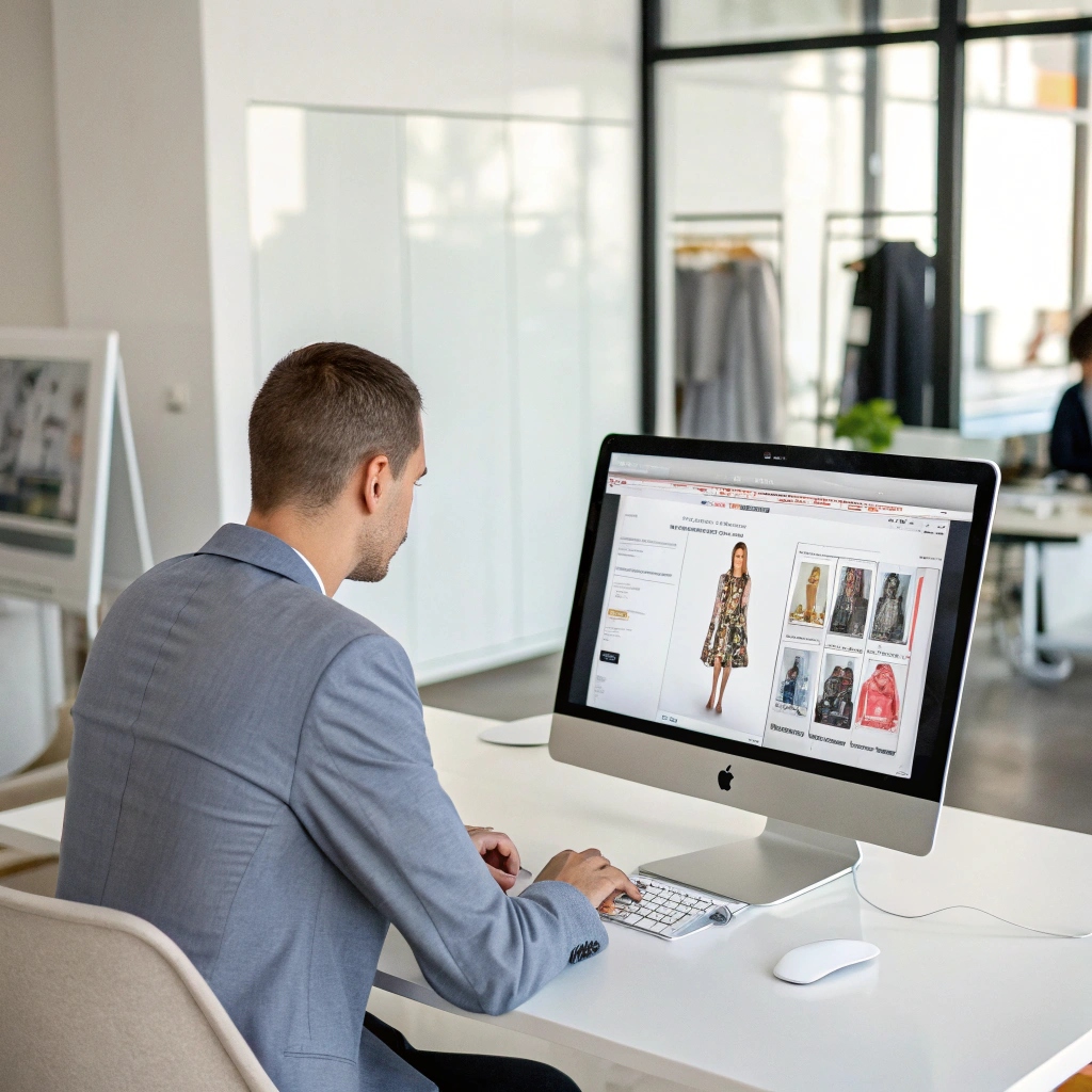 Business owner browsing Shein's wholesale platform to select bulk clothing for their retail business.