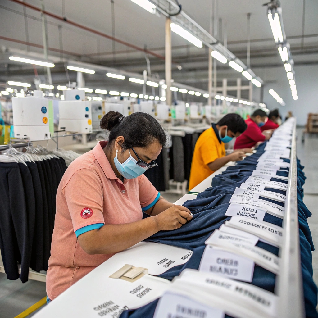 Workers adding custom labels to wholesale clothing in a manufacturing setting, preparing garments for branding.