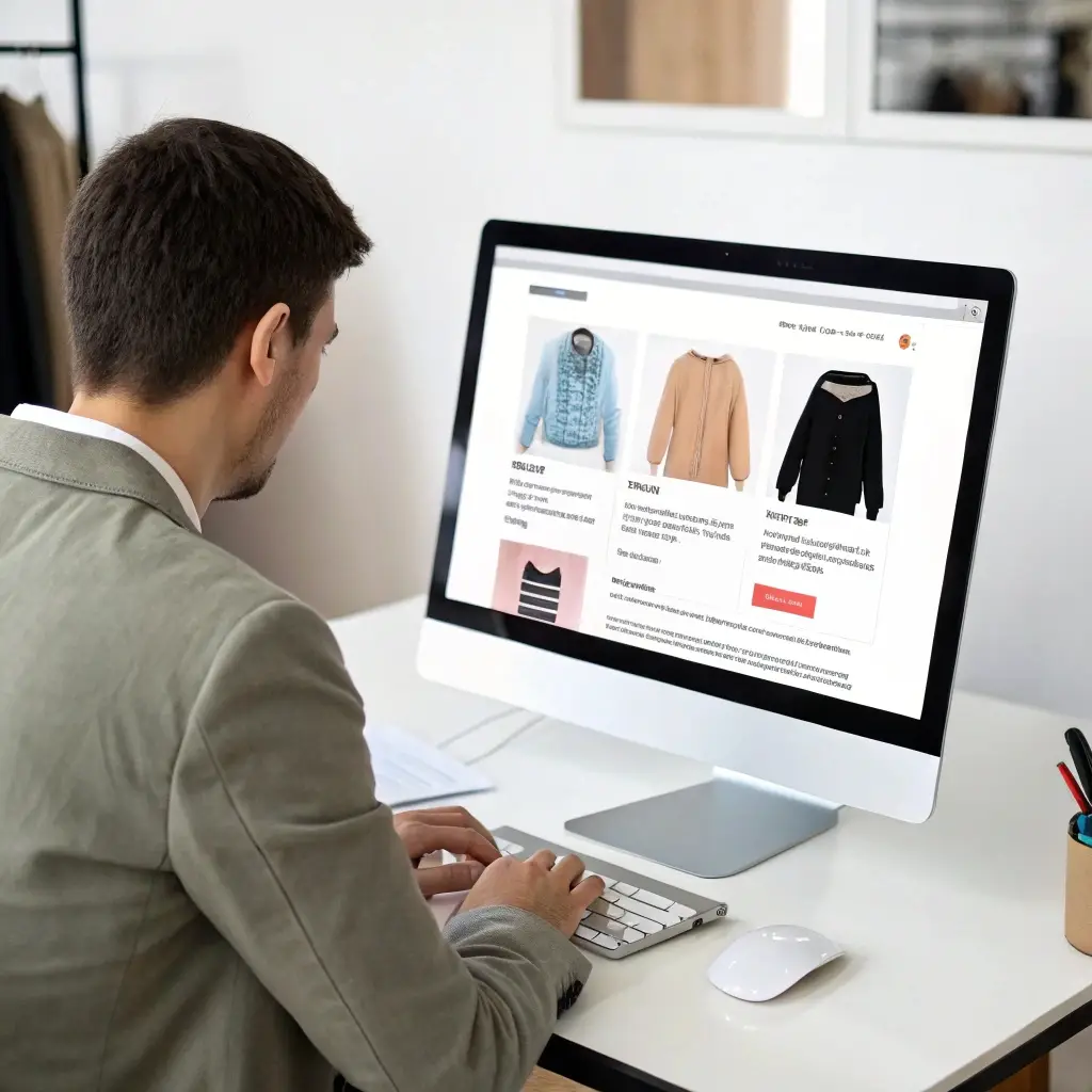Entrepreneur researching dropshipping clothing suppliers and browsing options for their business.