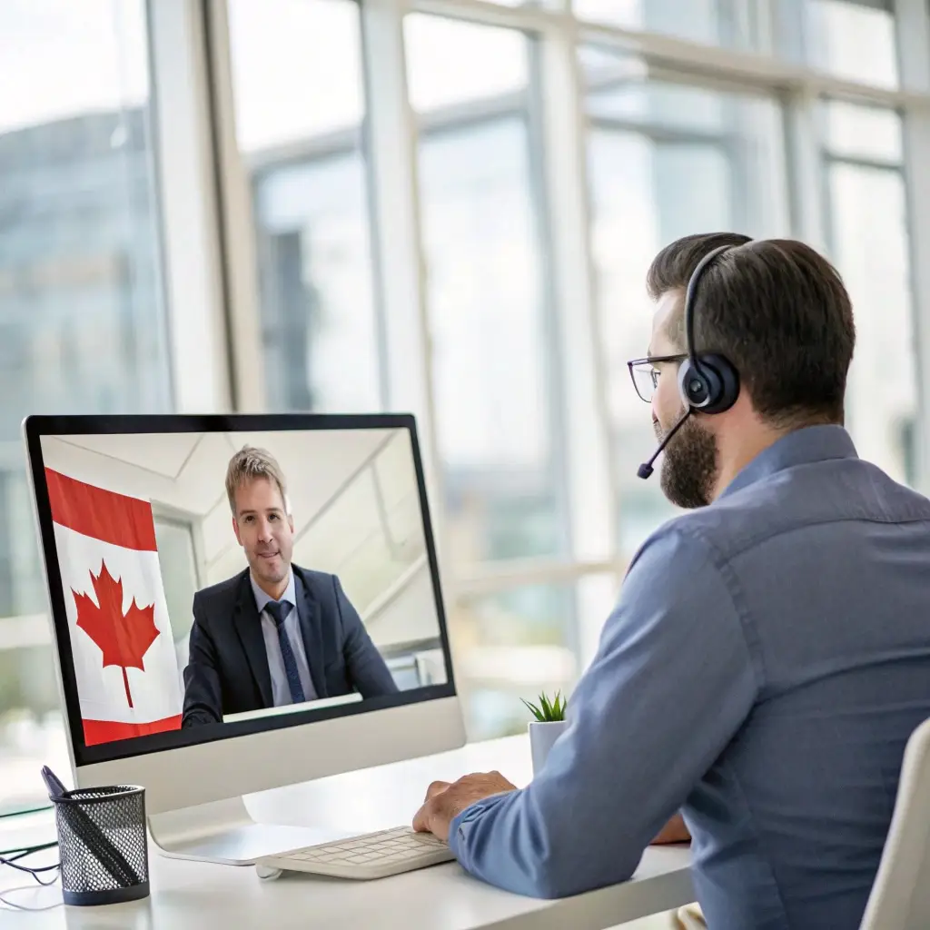 Entrepreneur having a virtual meeting with a Canadian supplier to discuss dropshipping options.