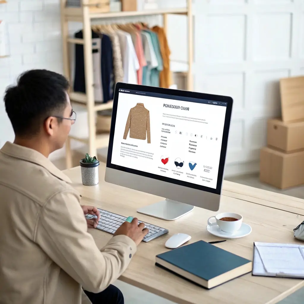 Entrepreneur selecting clothing products for a dropshipping store, managing the catalog and operations.