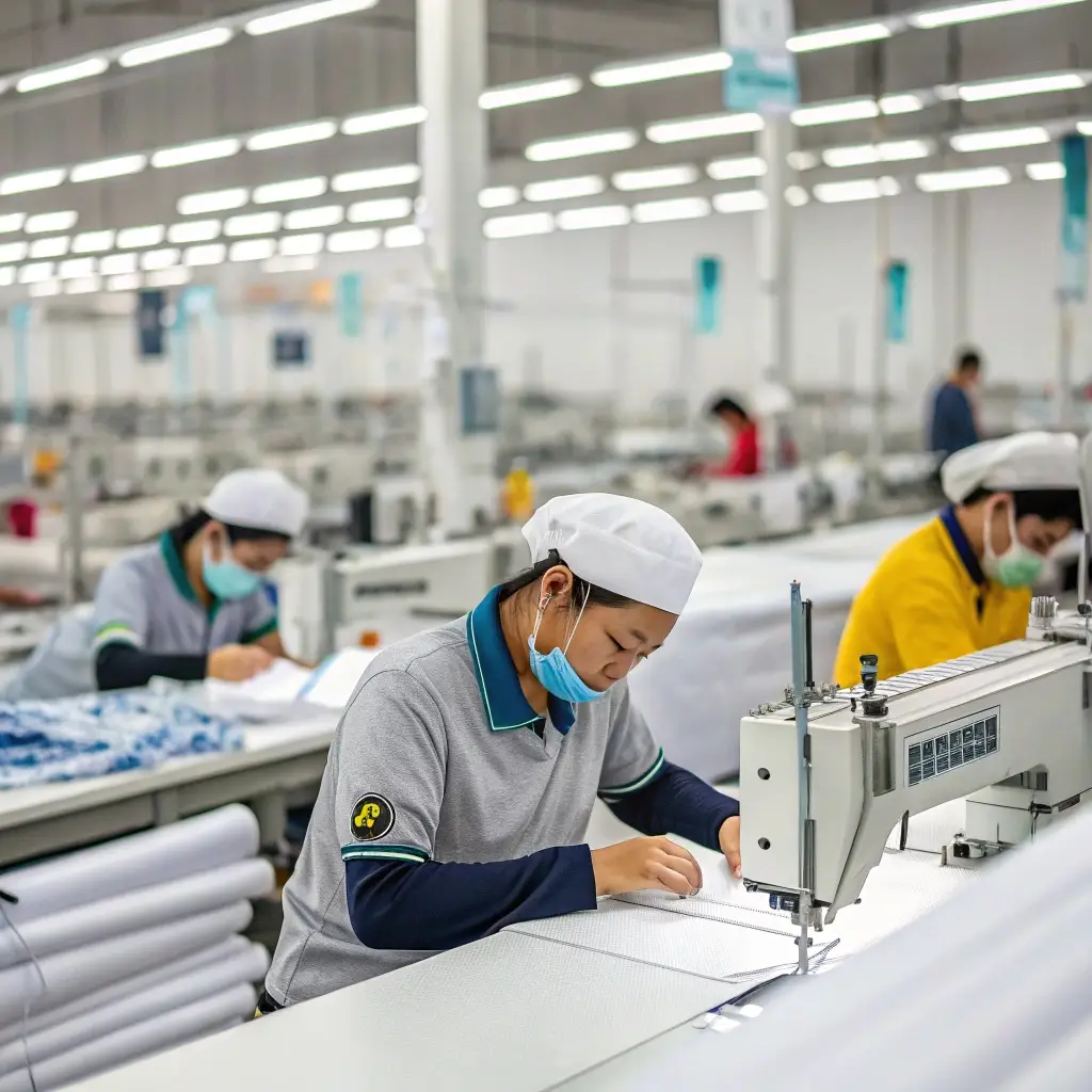 Skilled workers in a modern clothing manufacturing facility, focusing on high-quality garment production.