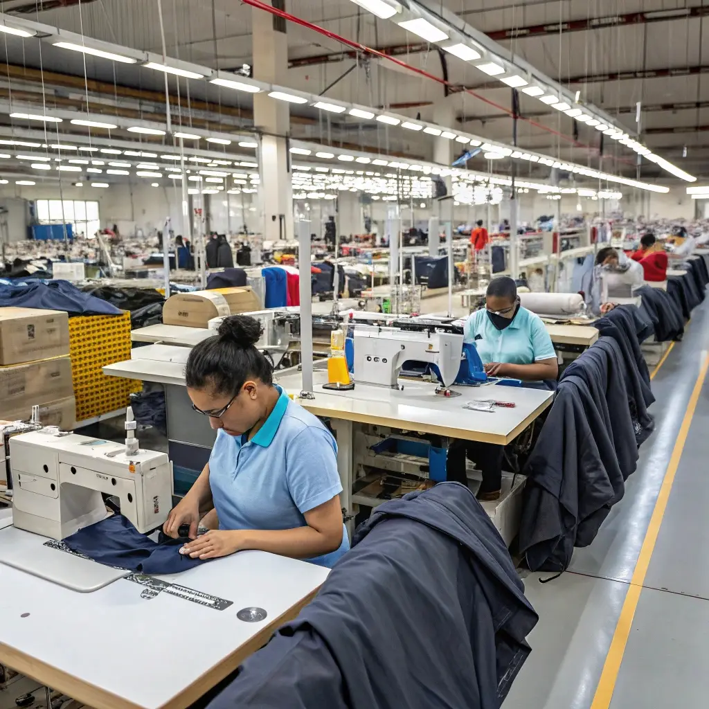 Workers in a modern garment factory producing clothing efficiently, reflecting Zara's fast-fashion manufacturing process.