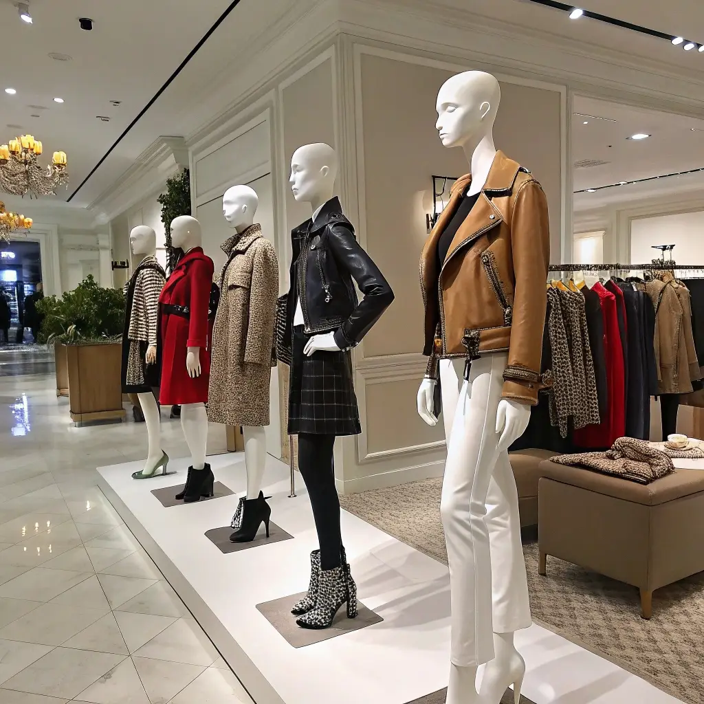 Mannequins showcasing diverse fashion styles in a high-end retail store, representing the Apparel Group’s brand portfolio.