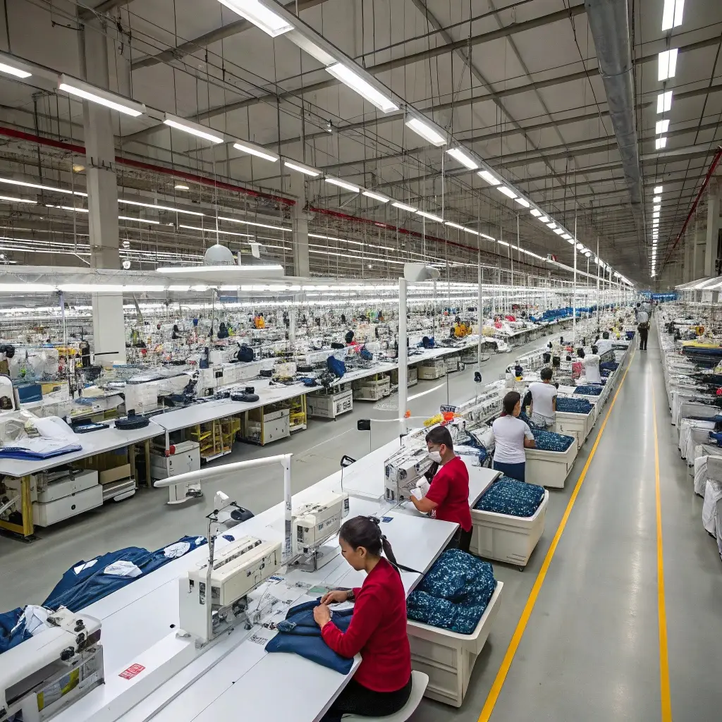 Sprawling garment production facility with workers and advanced machinery producing clothing at a massive scale.