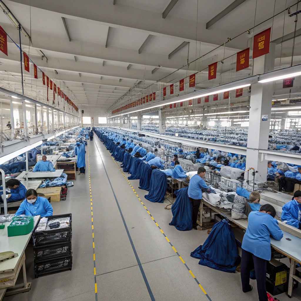 Massive garment production facility in Asia with rows of workers efficiently producing clothing.