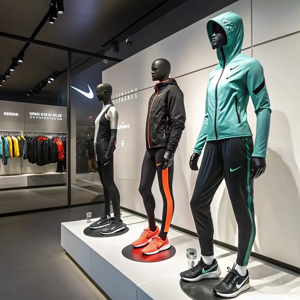 Leading Sportswear Brand Mannequins displaying athletic apparel and footwear in a modern sportswear store, representing Nike's innovative designs.