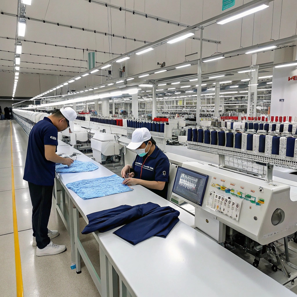 Workers in a modern clothing manufacturing facility inspecting fabric and preparing garments with precision.