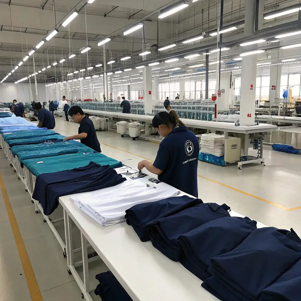 Workers in a modern clothing manufacturing facility carefully inspecting and assembling high-quality garments.