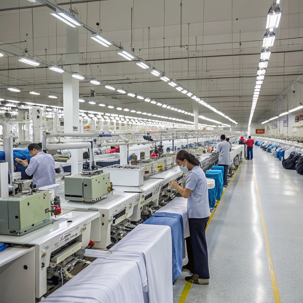 Sprawling garment manufacturing facility with advanced machinery and a large workforce producing clothing on a massive scale.