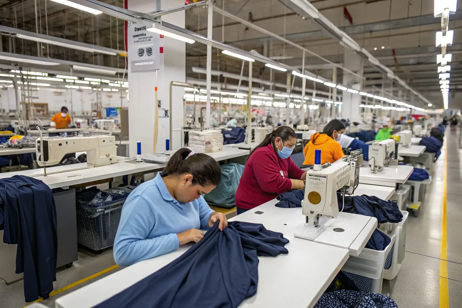 Workers sewing garments in a large clothing factory, mass production