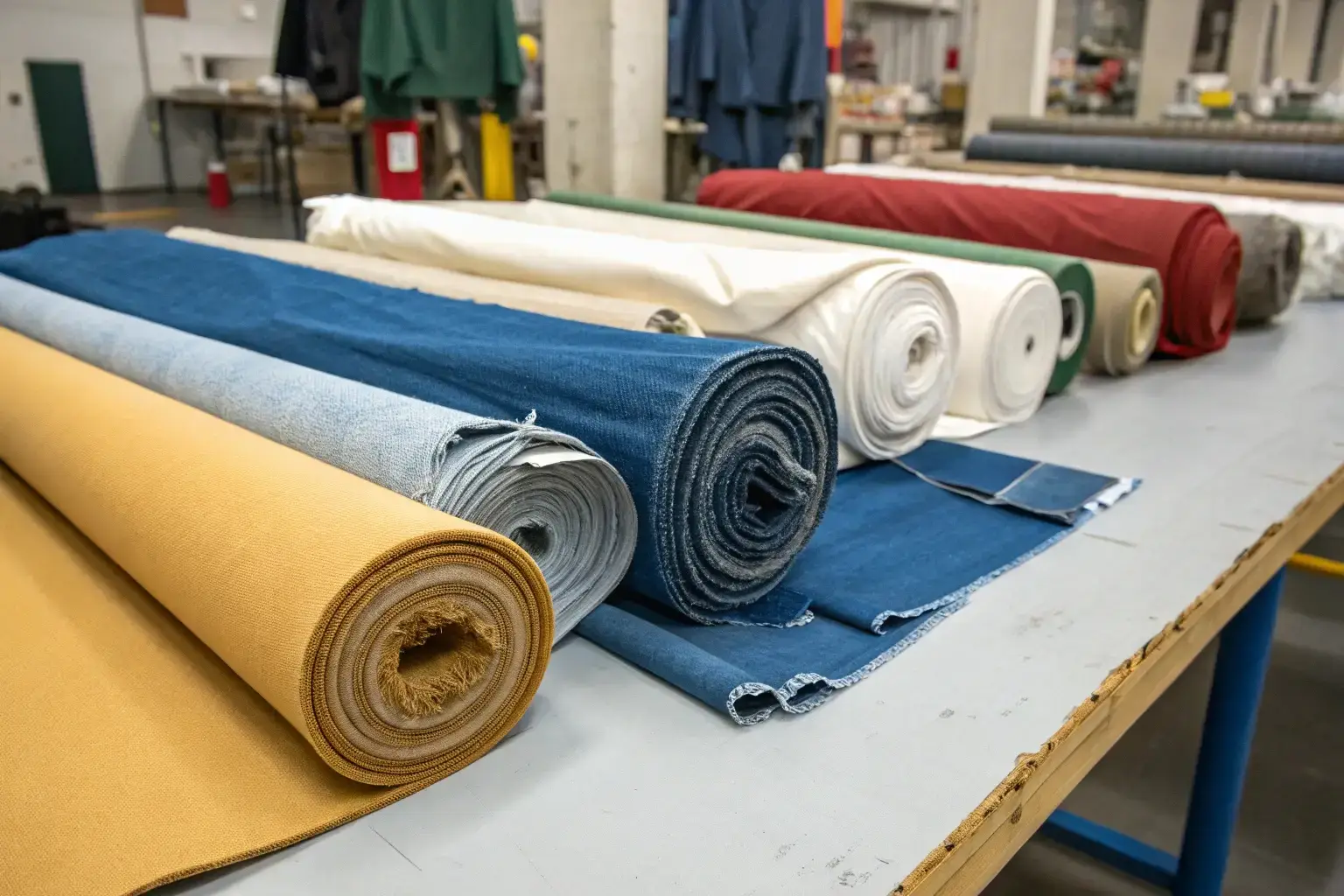 Fabric rolls in a textile factory, denim and cotton materials