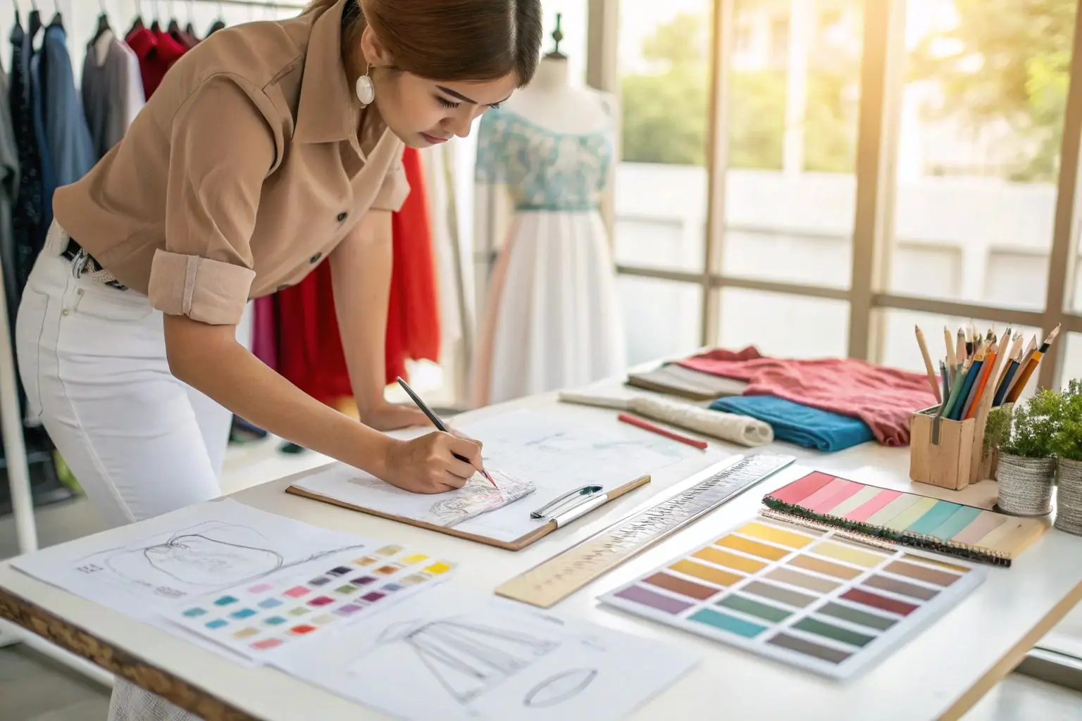 Fashion designer working on dress sketch, creative studio