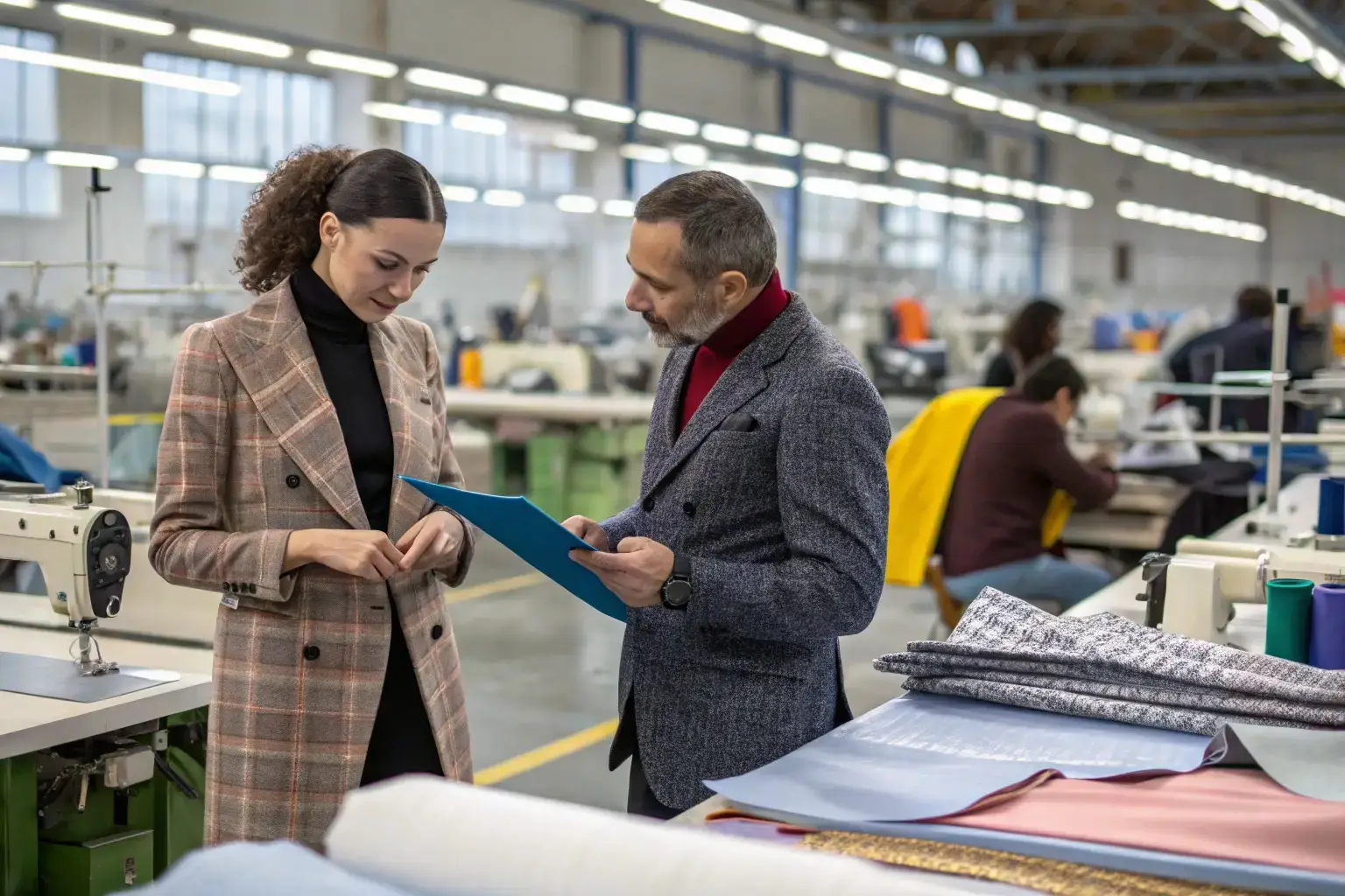 Fashion industry professionals discussing production in a clothing factory