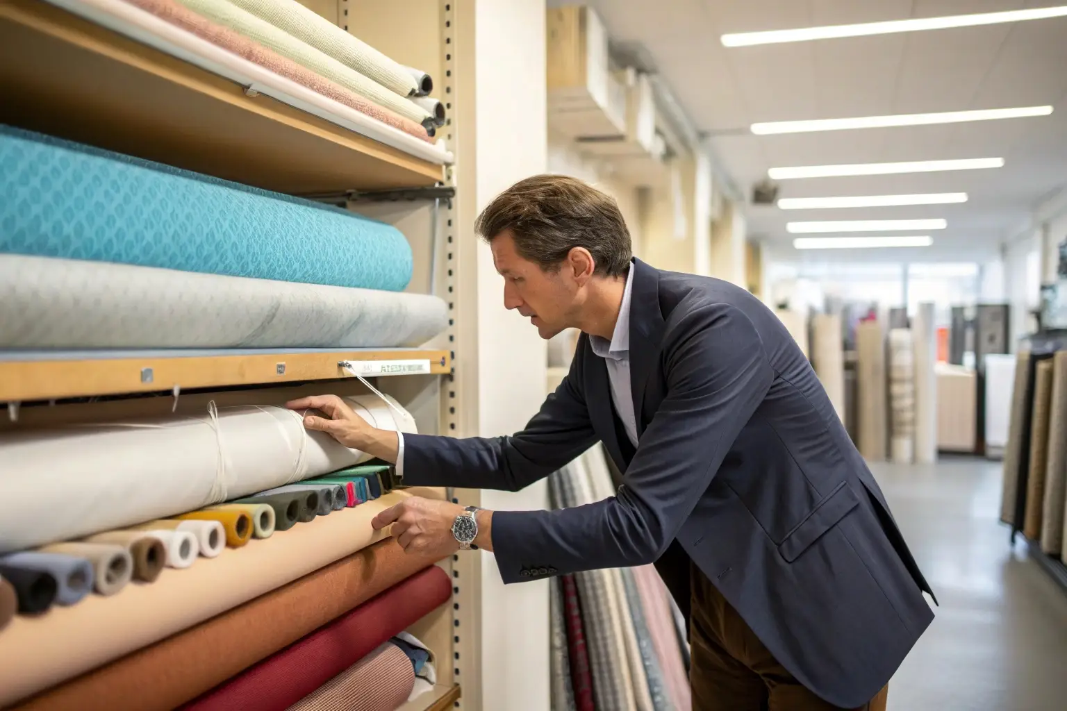 Businessman selecting fabric rolls in a textile showroom