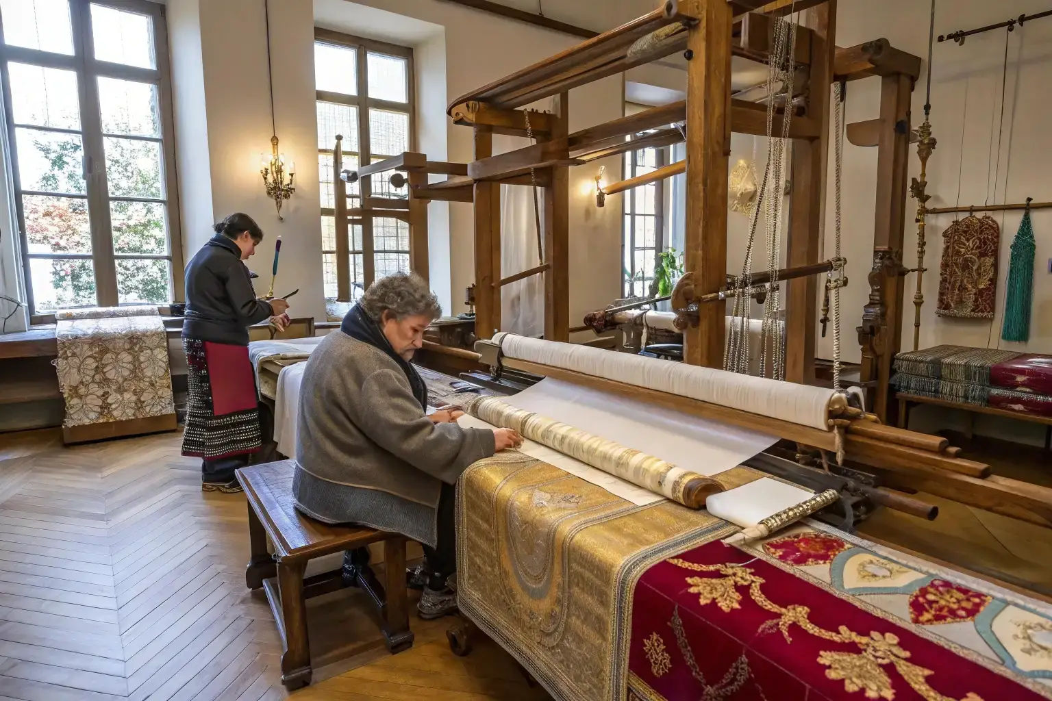 Artisans weaving luxury textiles on a traditional loom