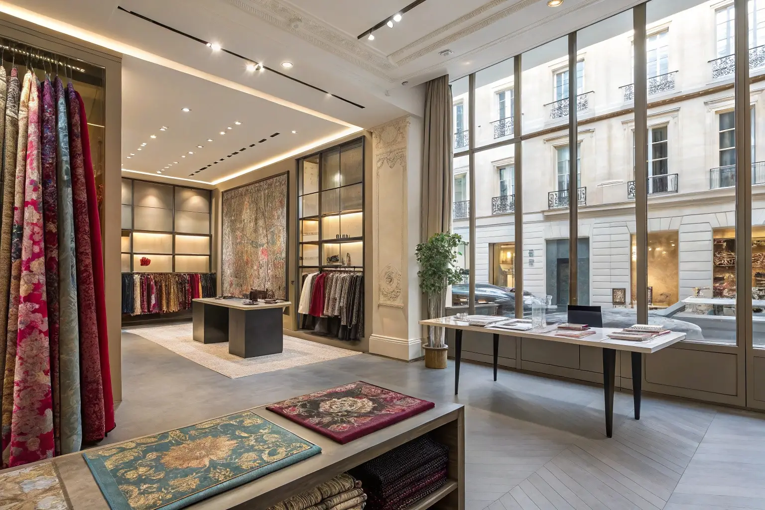 Luxury fabric boutique with elegant textile displays