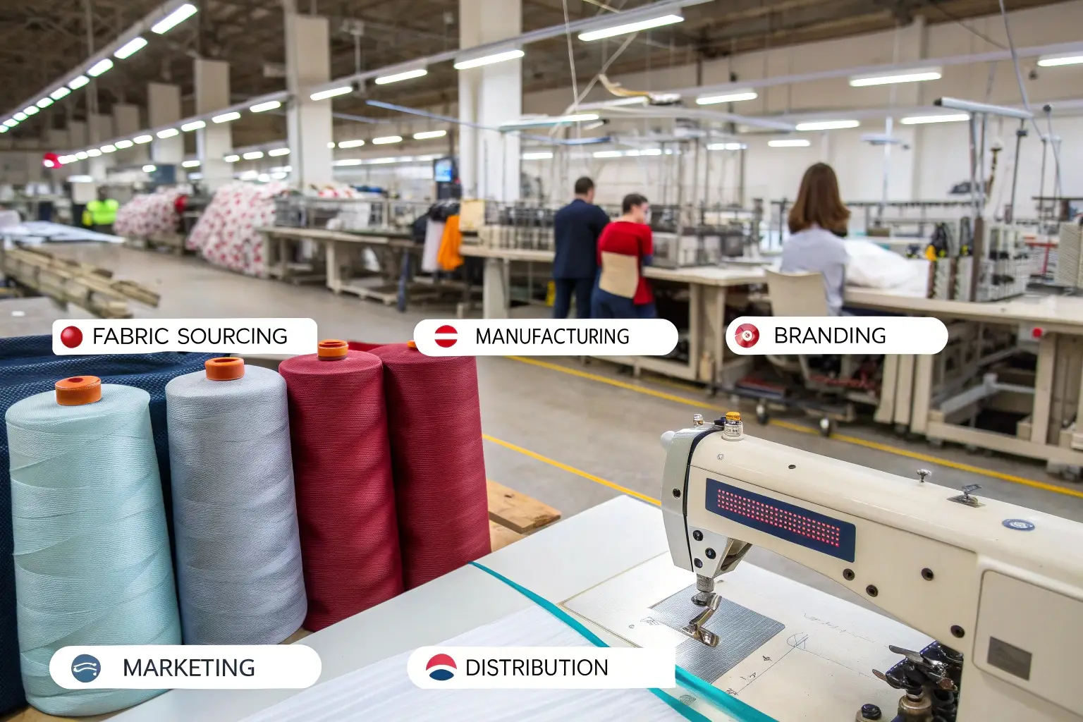 Clothing manufacturing process, fabric sourcing to distribution
