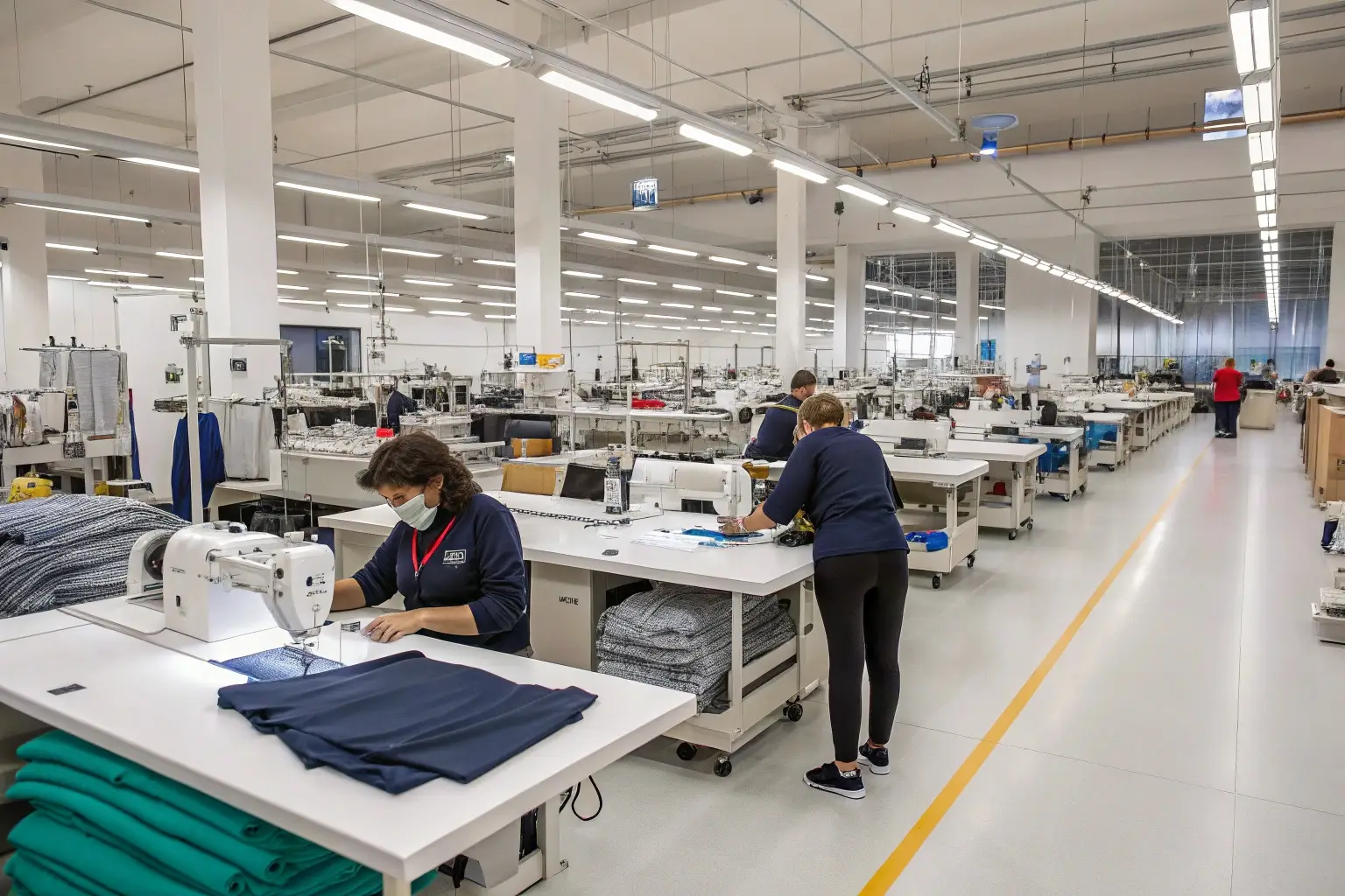Modern garment factory with workers sewing clothes
