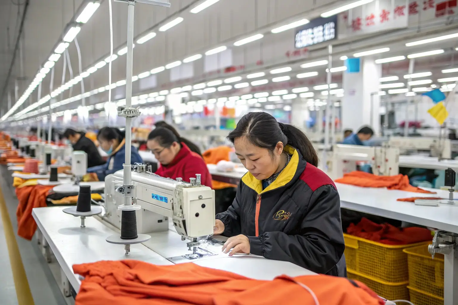 Skilled worker sewing garments in a clothing factory