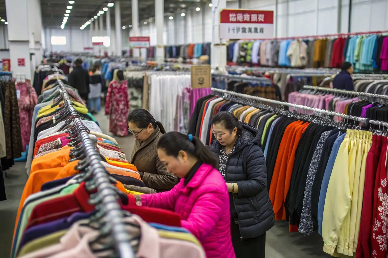 Wholesale clothing buyers selecting garments in a factory showroom