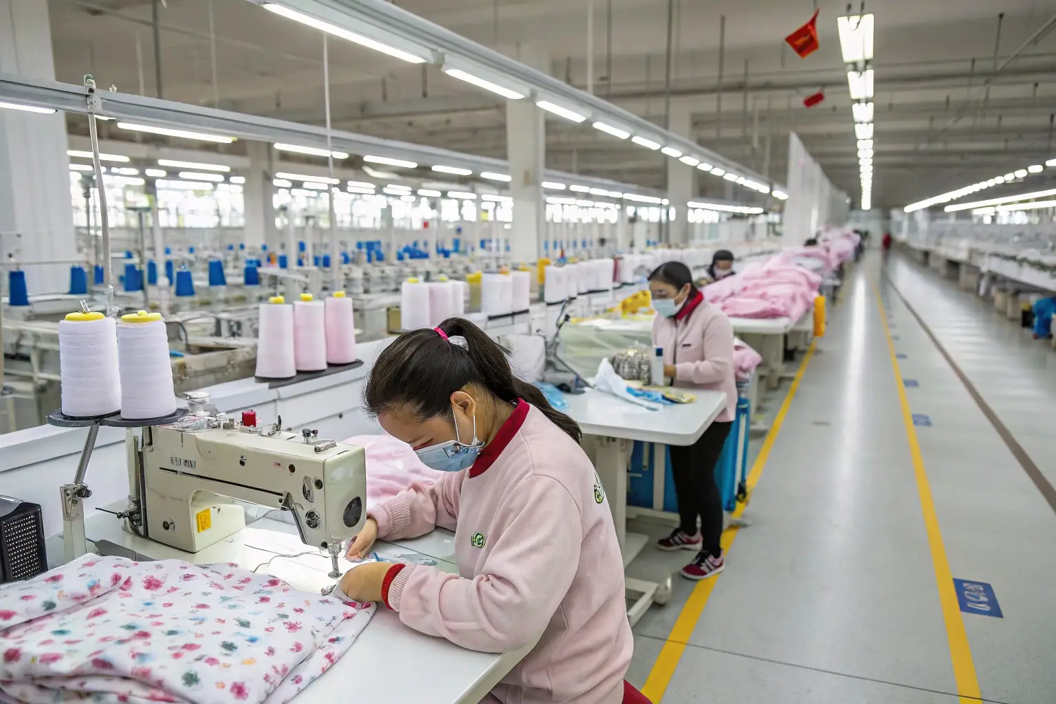 Workers sewing garments in a large-scale clothing manufacturing factory.