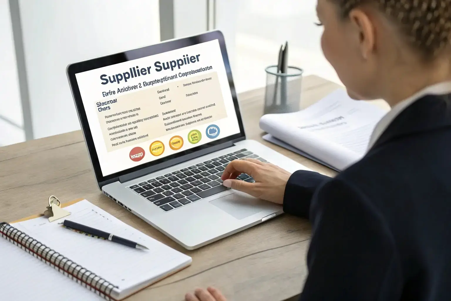 Business professional researching supplier information on a laptop.