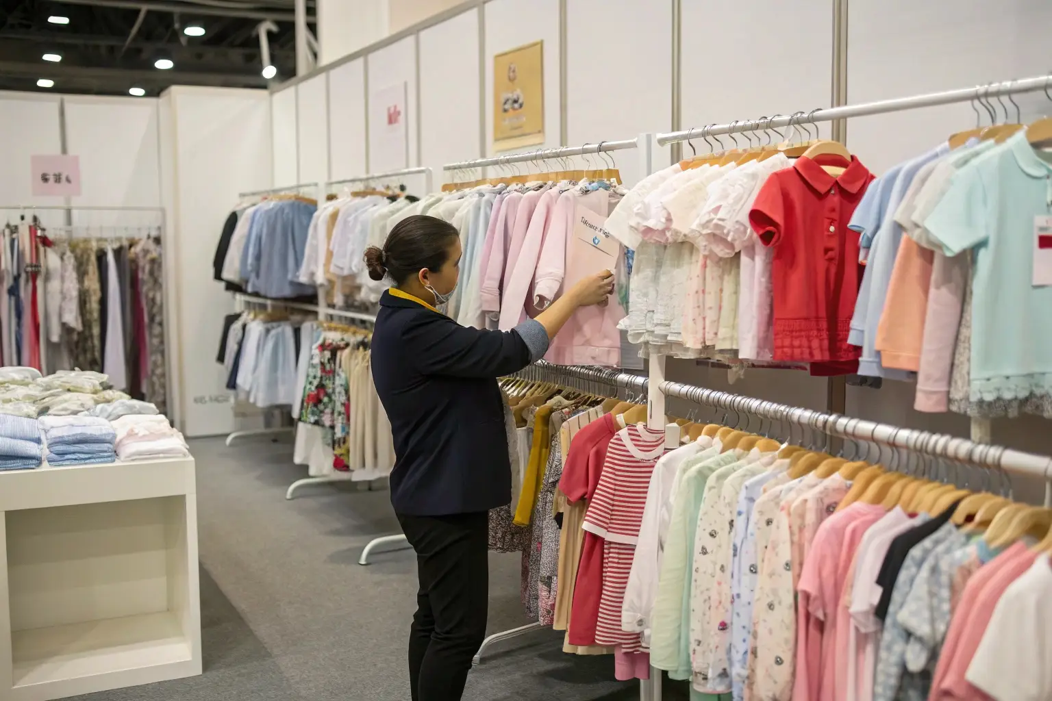 Buyer inspecting children's clothing at a trade show booth.