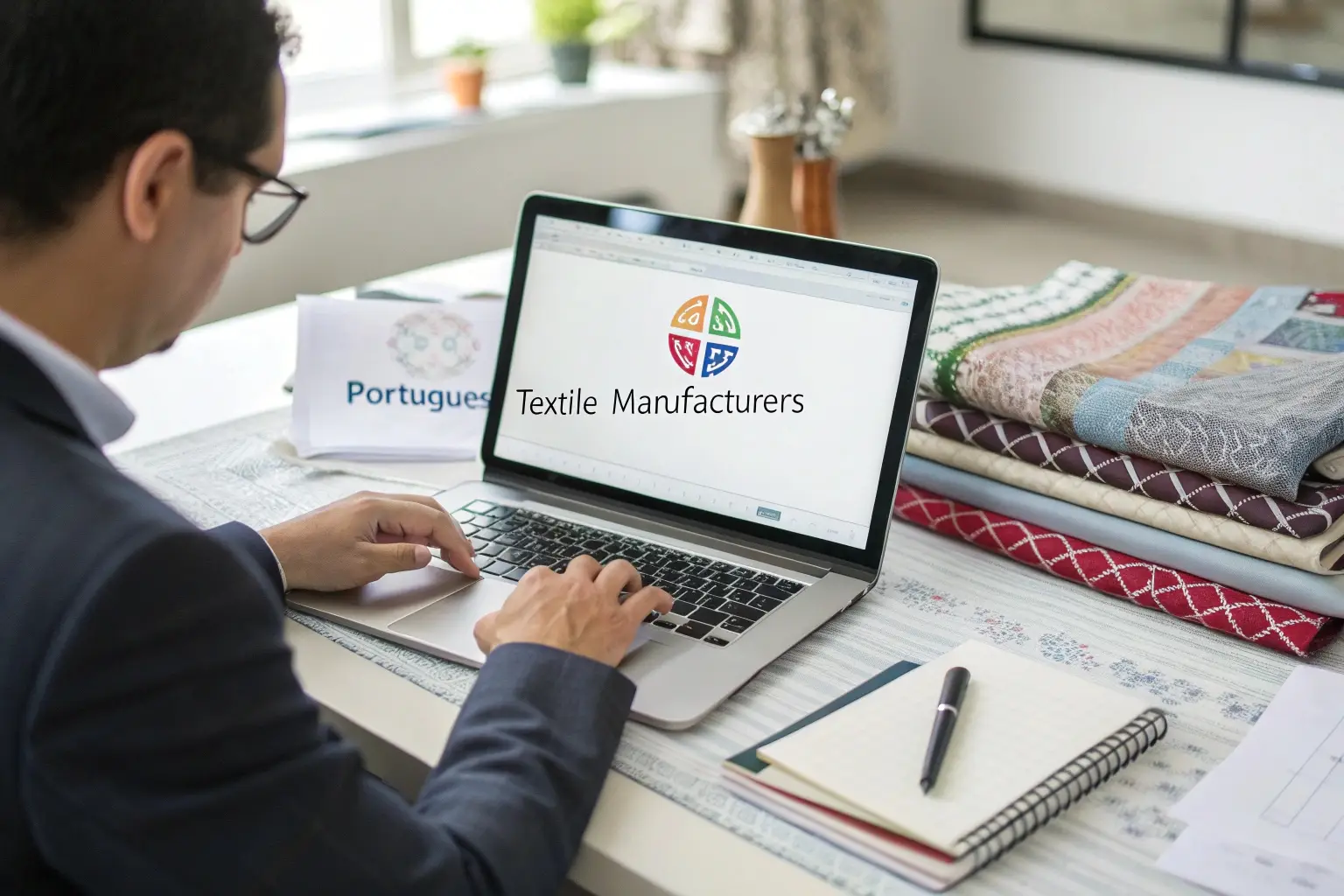 Businessman researching textile manufacturers on a laptop.