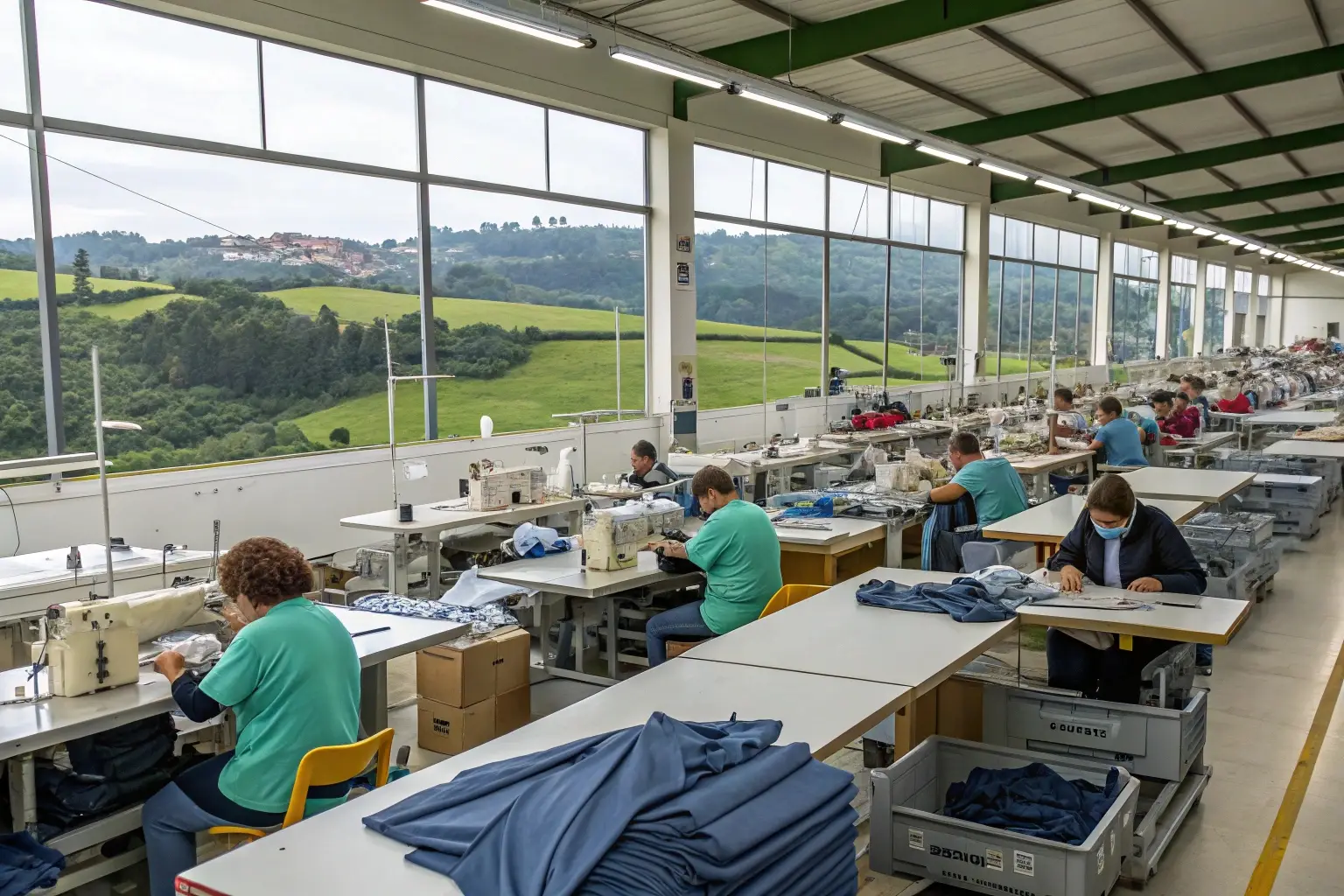 Garment workers sewing clothes in a factory with a scenic view.